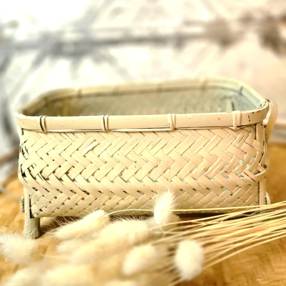 Vintage 1980's Bamboo Oval Rectangular Storing Decor Basket Cottage Coastal